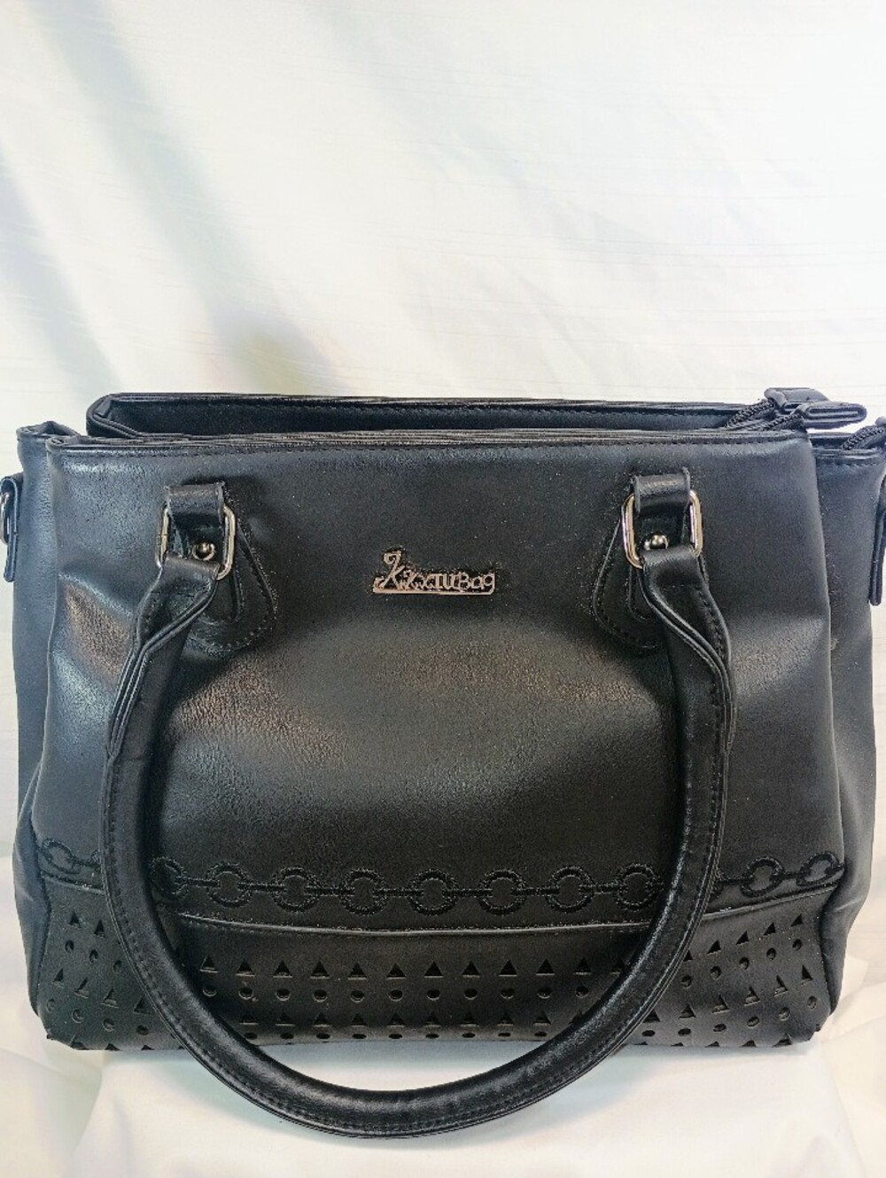 KKxiu Black Faux Leather Satchel Purse Boho Laser Cut Medium Work Bag Tote